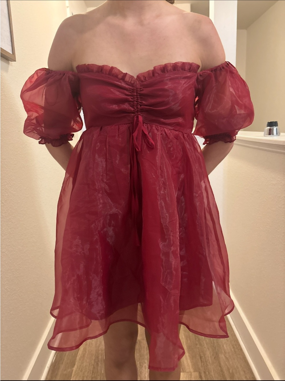 Altar'd State Sheer Burgundy Off-Shoulder Mini Dress
